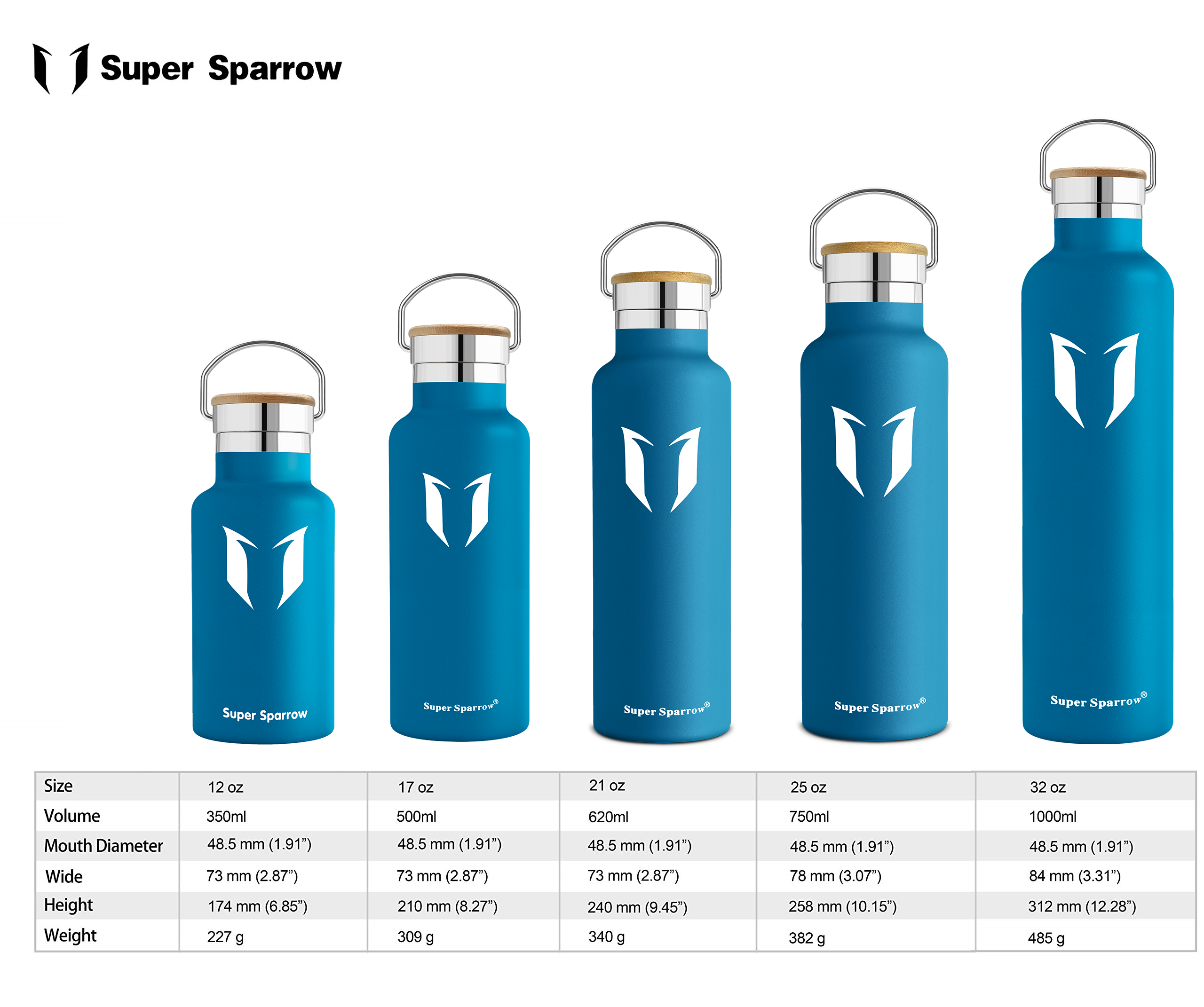 Super Sparrow Water Bottle Stainless Steel 18/10 - Ultralight Travel Mug -  350ml - Insulated Metal Water Bottle - BPA Free - Leakproof Drinks Bottle -  Flask for Gym, Sports, Kids, School, Office. 