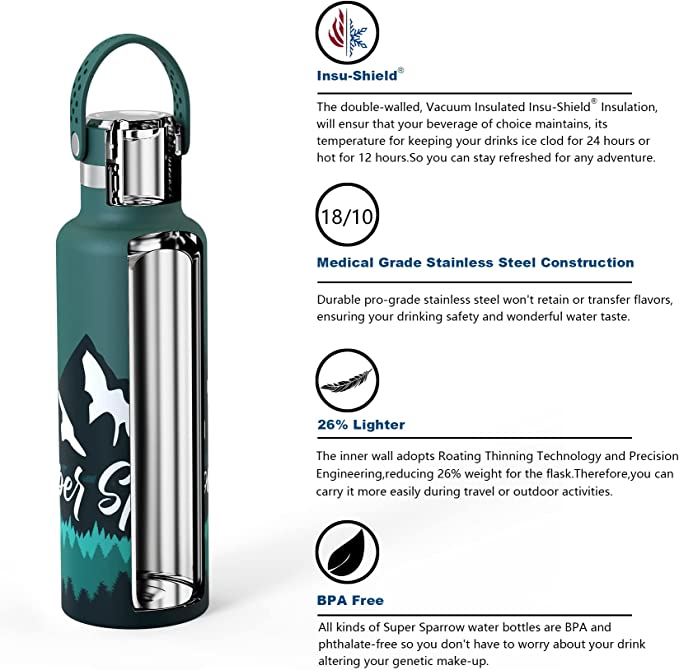 Super Sparrow Water Bottle Stainless Steel 18/10 - Ultralight Travel Mug -  750ml - Insulated Metal Water Bottle - BPA Free - Leakproof Drinks Bottle -  Flask for Gym, Sports, School, Adult, Office. 