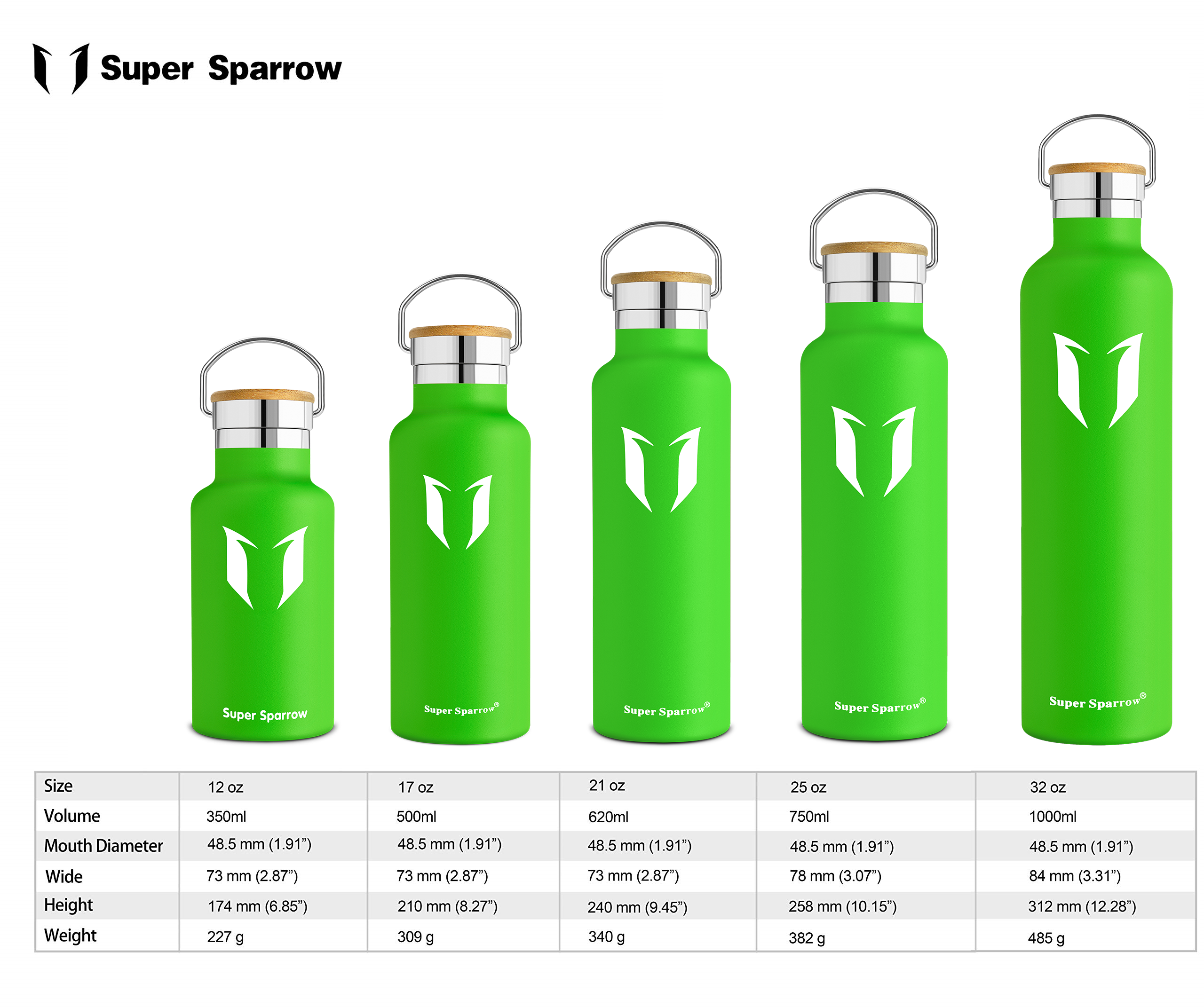 Botella de Agua Deportiva Super Sparrow 350ml, 500ml, 1000ml, Sin BPA