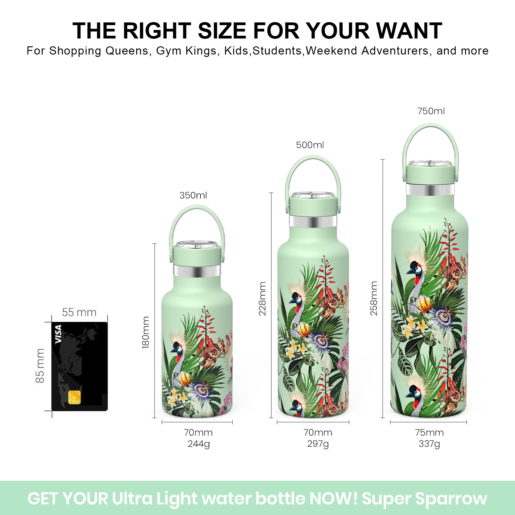 Floral, Ultra-Light Stainless Steel Water Bottle, 17OZ / 500ML