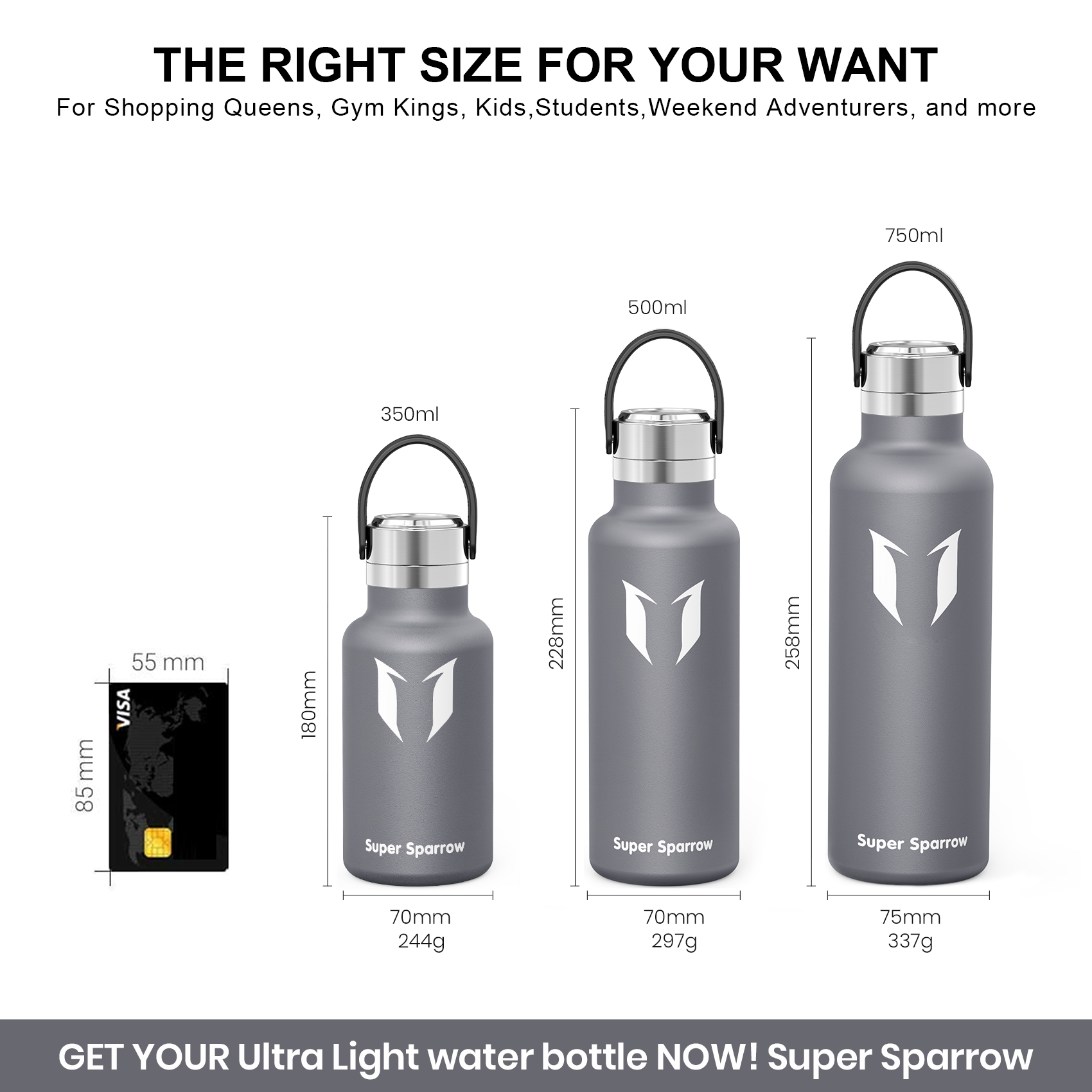 Ultra-Light Stainless Steel Water Bottle, 25OZ / 750ML