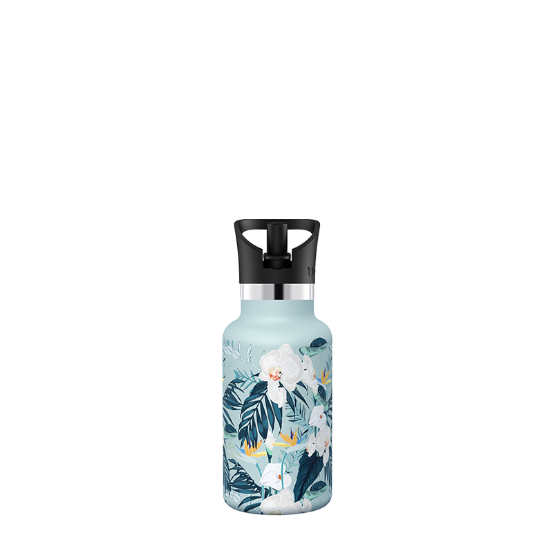 Floral, botella de agua ultraligera de acero inoxidable con tapa de popote, 12OZ / 350ML