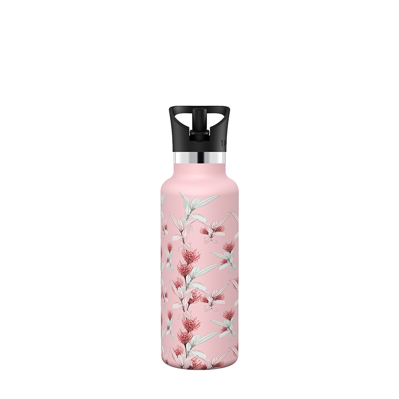 Floral, botella de agua de acero inoxidable ultraligera estampada con tapa de pajita, 17OZ / 500ML