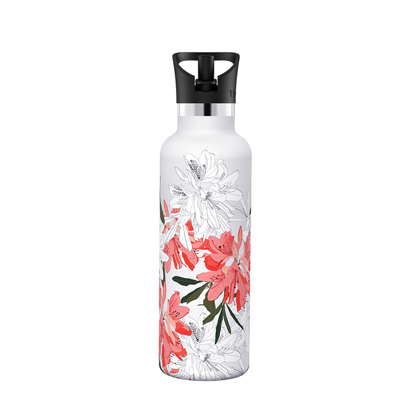 Floral, botella de agua de acero inoxidable ultraligera estampada con tapa de pajita, 25OZ / 750ML